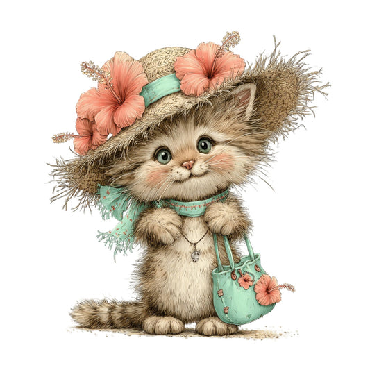 cat, kitten, fluffy, whimsical, cute, adorable, animals, coral pink, mint green, sage green, cream, beige, tan, brown, floral, hibiscus, flowers, spring, summer, nature, botanical, playful, children, kids, baby, feminine, elegant, cottage core, vintage inspired, garden