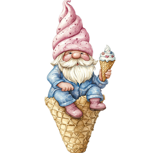 garden gnome, ice cream cone, whimsical, dusty rose, cream, cornflower blue, mauve pink, strawberry pink, tan, beige, novelty, playful, sweet treats, dessert, summer, spring, children's, kid-friendly, gnome motif, ice cream motif, hearts, folk art, storybook, cottage core, vintage inspired, whimsy, cheerful, decorative panel, apparel, home decor