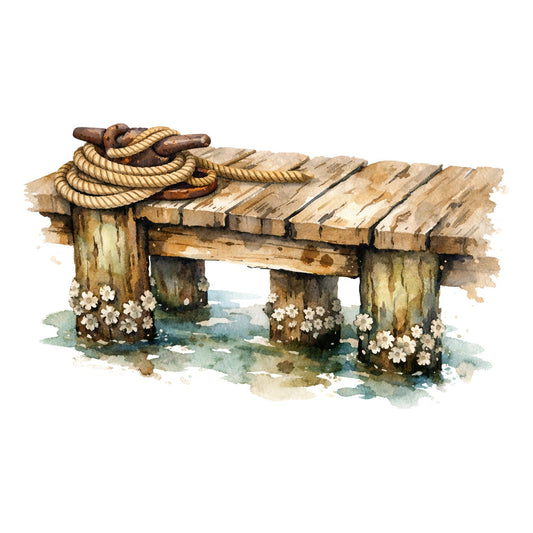 nautical, coastal, dock, pier, rope, weathered wood, vintage, rustic, farmhouse, maritime, seaside, beach, harbor, white flowers, cream, tan, beige, brown, soft green, watercolor, cottage core, nature, whimsical, peaceful, tranquil, spring, summer, botanical, wildflowers, wall hanging