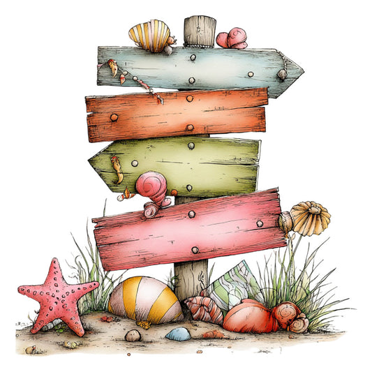 nautical, beach, coastal, ocean, sea creatures, starfish, shells, seashell, coral pink, dusty rose, sage green, cream, tan, sandy, wooden signs, directional sign, whimsical, seaside, summer, tropical, underwater, ocean theme, seashells, sea life, beach theme, rustic, weathered wood, children's, kid-friendly, adventure