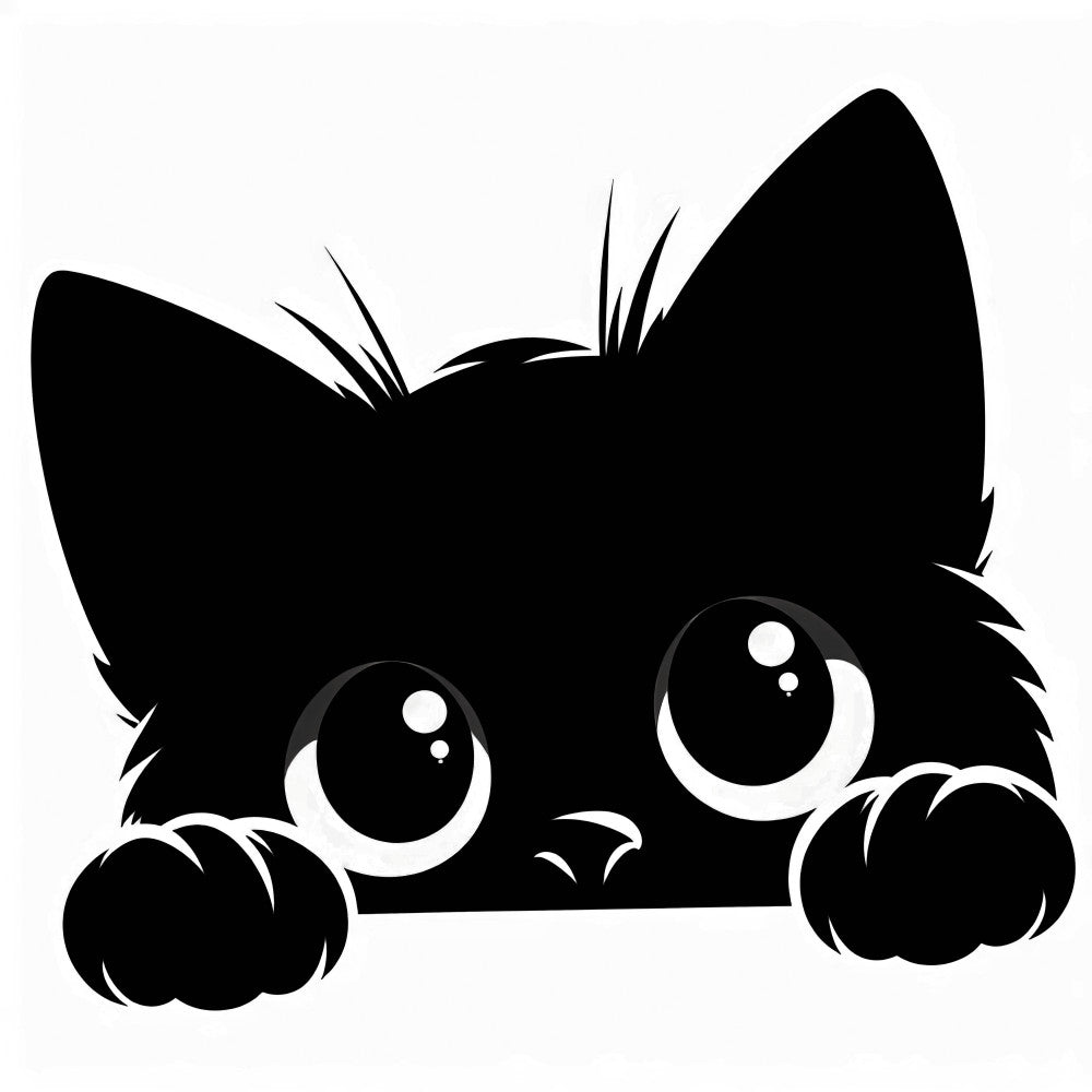black cat, peeking cat, silhouette, white eyes, large eyes, cute kitten, fabric panel, quilting cotton, black and white, minimalist design, animal motif, cat lover, pet themed, simple artwork, crafting material, sewing panel, feline design, adorable cat, contrast colors, modern style