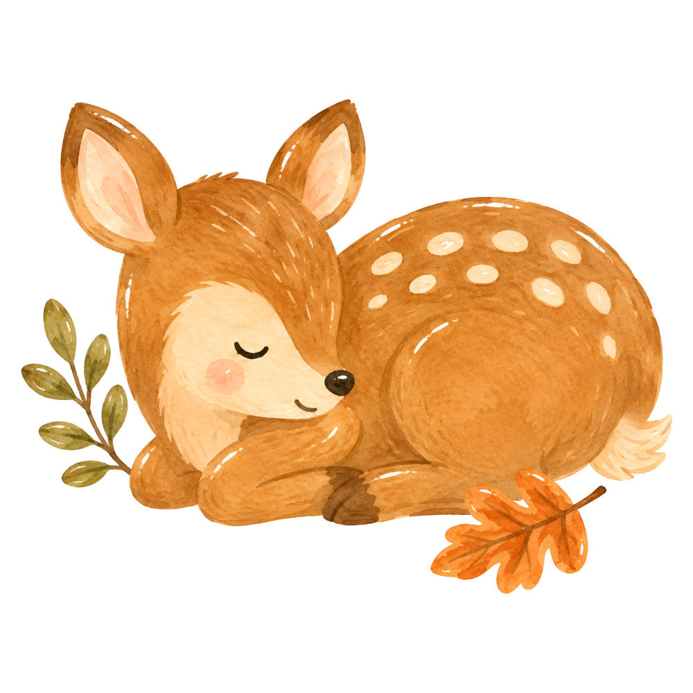 autumn, baby, woodland, deer, fawn, nature, animals, whimsical, rust, tan, beige, cream, burnt orange, leaves, foliage, sleeping, peaceful, gentle, rustic, forest, cute, illustration, children, nursery, soft, warm tones, fall, seasonal, woodland creatures