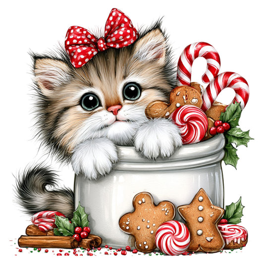 kitten, cat, cute, holiday, christmas, candy cane, peppermint, gingerbread, red and white, cream, tan, brown, polka dot bow, festive, whimsical, sweet treats, lollipop, holly, berries, cinnamon stick, winter, seasonal, children, baby, playful, vintage style, charming, decorative panel, craft