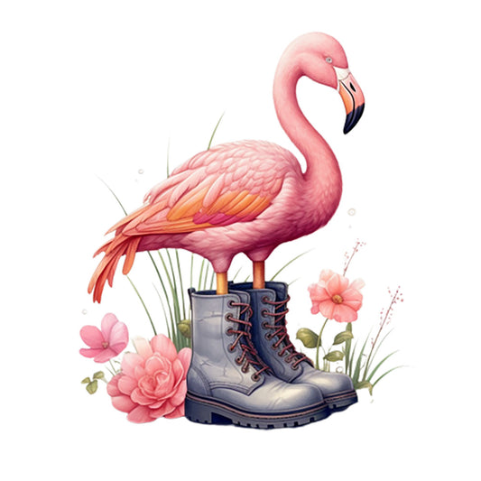 flamingo, pink bird, combat boots, watercolor style, tropical bird, floral elements, pink flowers, green grass, coral pink, soft pink, gray boots, whimsical design, fabric panel, quilting cotton, nature scene, artistic illustration, delicate florals, pastel colors, decorative panel, craft fabric