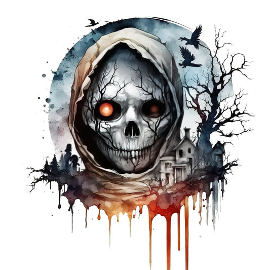 skull, gothic, horror, dark, grim reaper, hooded figure, glowing eyes, haunted house, bare trees, crows, ravens, spooky, eerie, creepy, halloween, autumn, fall, dark academia, supernatural, macabre, watercolor, dripping paint, red, black, charcoal gray, cream, bone white, burnt orange, moody, atmospheric