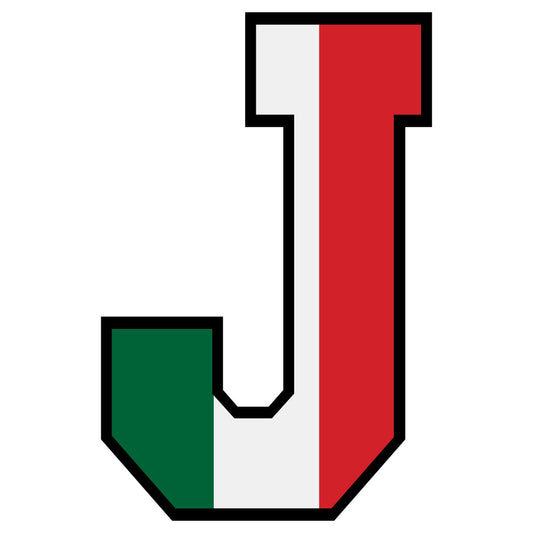 green, red, white, letter j, mexican flag colors, alphabet panel, fabric panel, quilting cotton, bold colors, patriotic theme, educational fabric, children's fabric, bright colors, geometric design, applique style, craft fabric, sewing material, diy project, nursery fabric, learning theme