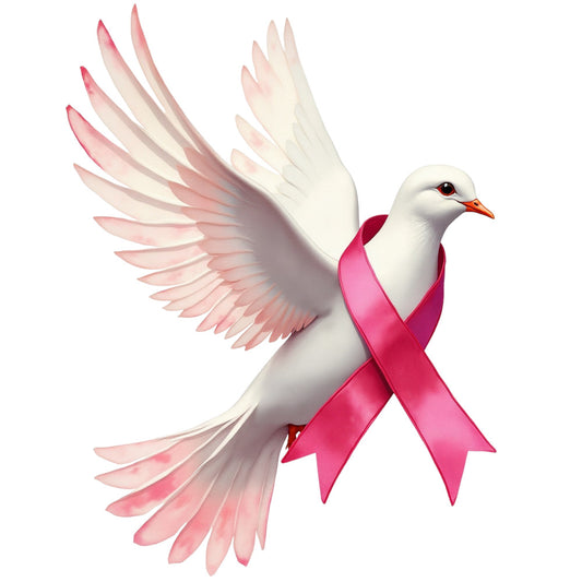 white dove, pink ribbon, breast cancer awareness, flying bird, spread wings, pink gradient, coral pink, white feathers, orange beak, red eyes, fabric panel, quilting cotton, awareness ribbon, hope symbol, medical awareness, bird in flight, soft pink, charitable theme, inspirational design, cotton fabric