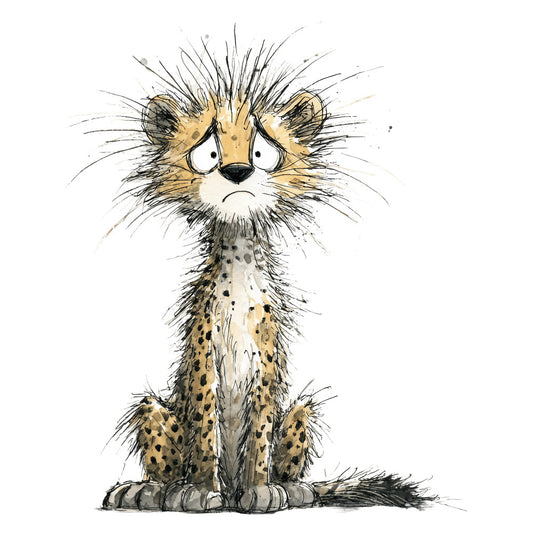cheetah, leopard, animal, whimsical, children's, cute, spotted, tan, cream, black, gold, safari, wildlife, nature, playful, illustration, cartoon, modern, baby, nursery, kids, expressive, character design, artistic, ink sketch, watercolor, gentle, friendly, long neck, African animals