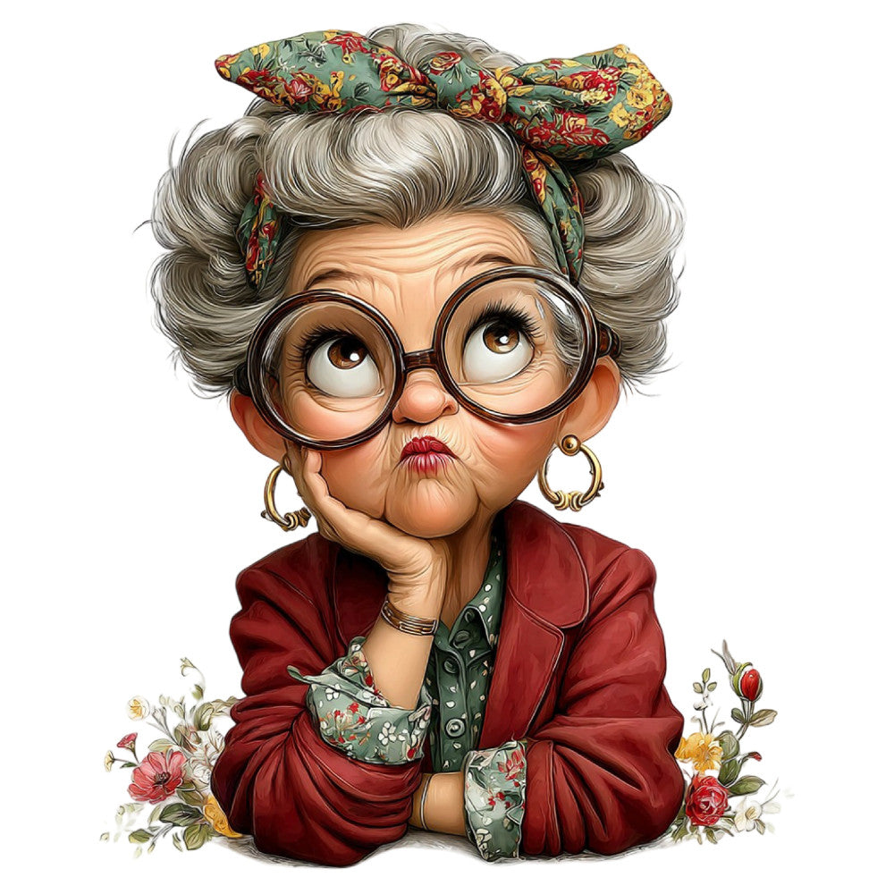 whimsical, grandma, grandmother, vintage style, retro, portrait, character panel, humorous, quirky, burgundy red, wine red, sage green, gray hair, floral motif, roses, wildflowers, fabric bow, eyeglasses, gold hoop earrings, folk art, charming, nostalgic, whimsical character, decorative panel, wall hanging, home décor, novelty print, playful, traditional style