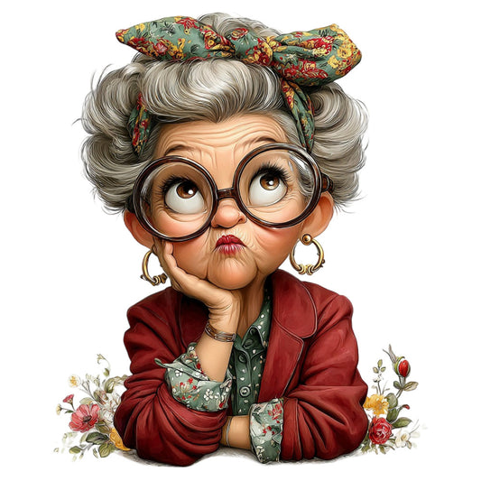 whimsical, grandma, grandmother, vintage style, retro, portrait, character panel, humorous, quirky, burgundy red, wine red, sage green, gray hair, floral motif, roses, wildflowers, fabric bow, eyeglasses, gold hoop earrings, folk art, charming, nostalgic, whimsical character, decorative panel, wall hanging, home décor, novelty print, playful, traditional style
