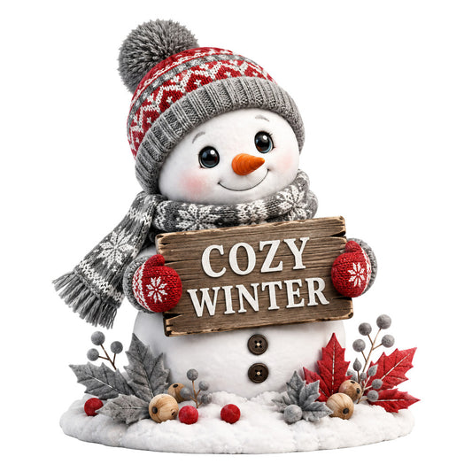 cozy winter, snowman, holiday, christmas, red and gray, winter theme, festive, snow, knit hat, scarf, seasonal, decorative panel, winter decor, whimsical, charming, nursery, children's, red white gray, pom pom, snowflake pattern, nature, rustic, cozy aesthetic, winter wonderland, holiday decoration, cold weather, seasonal textile, cheerful, family friendly