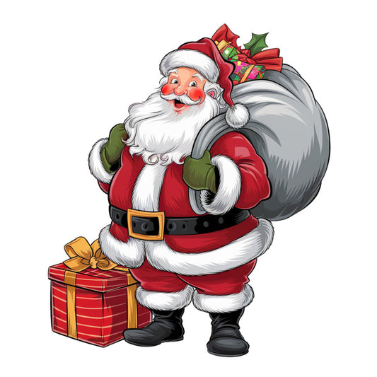 santa claus, christmas character, red suit, white beard, gift sack, wrapped presents, holiday theme, festive illustration, cartoon style, bright red, forest green, golden yellow, black boots, fabric panel, quilting cotton, seasonal design, winter motif, jolly expression, gift giving, christmas spirit