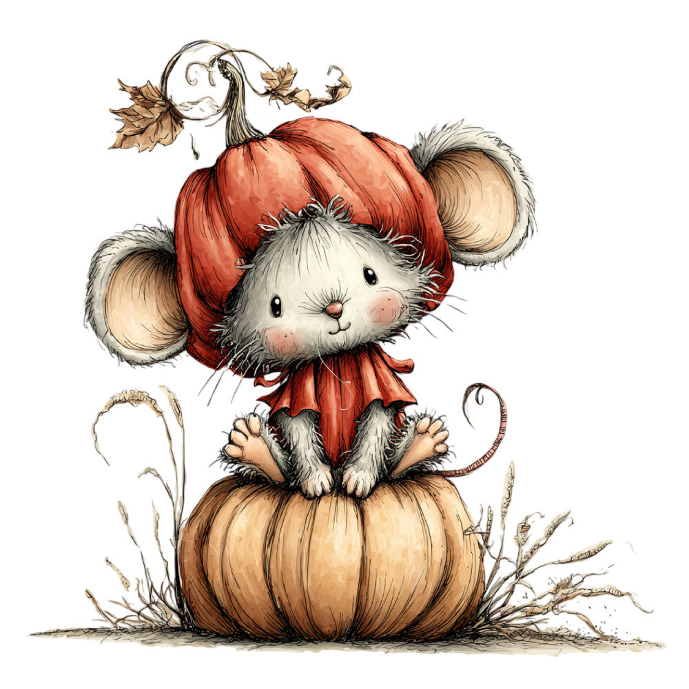 autumn mouse, pumpkin, harvest, fall, whimsical, cute animals, rodent, rustic, nature, dried leaves, vines, dried grass, cream, rust red, burnt orange, tan, beige, woodland, seasonal, thanksgiving, october, cozy, sweet, gentle, children's, baby, storybook, illustration, folk art, countryside