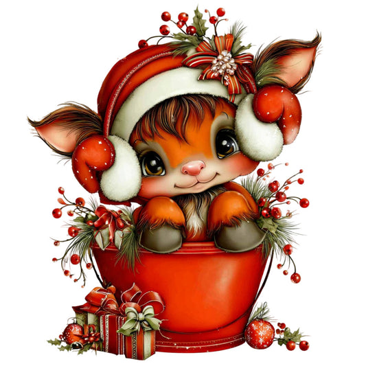 christmas, holiday, red, orange, cream, white, festive, cute animals, reindeer, whimsical, vintage, retro, seasonal, winter, gift themed, decorative ornaments, berries, evergreen, bow details, baby friendly, children's, playful, character design, traditional christmas, nostalgic, red and white, warm tones, festive decor, holiday cheer