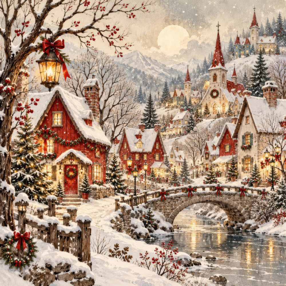 christmas village, holiday, winter scene, snow, festive, red houses, cottage core, traditional, nostalgic, vintage, fairy tale, storybook, mountains, evergreen trees, lanterns, bridges, moonlight, warm lighting, cream, crimson red, gold accents, rustic, whimsical, enchanted, seasonal, christmas decor, winter wonderland, religious themes, churches, castles