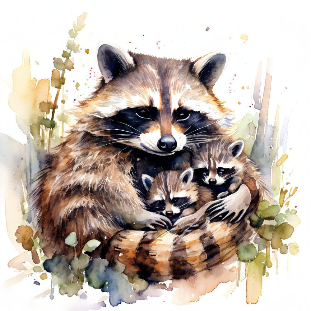 raccoon, wildlife, animals, nature, watercolor, botanical, forest green, tan, brown, cream, black, earth tones, whimsical, woodland, mother and baby, family, nurturing, hand-painted, artistic, abstract, splashes, leaves, foliage, naturalistic, soft, gentle, cute animals, forest creatures, illustration style, sage green