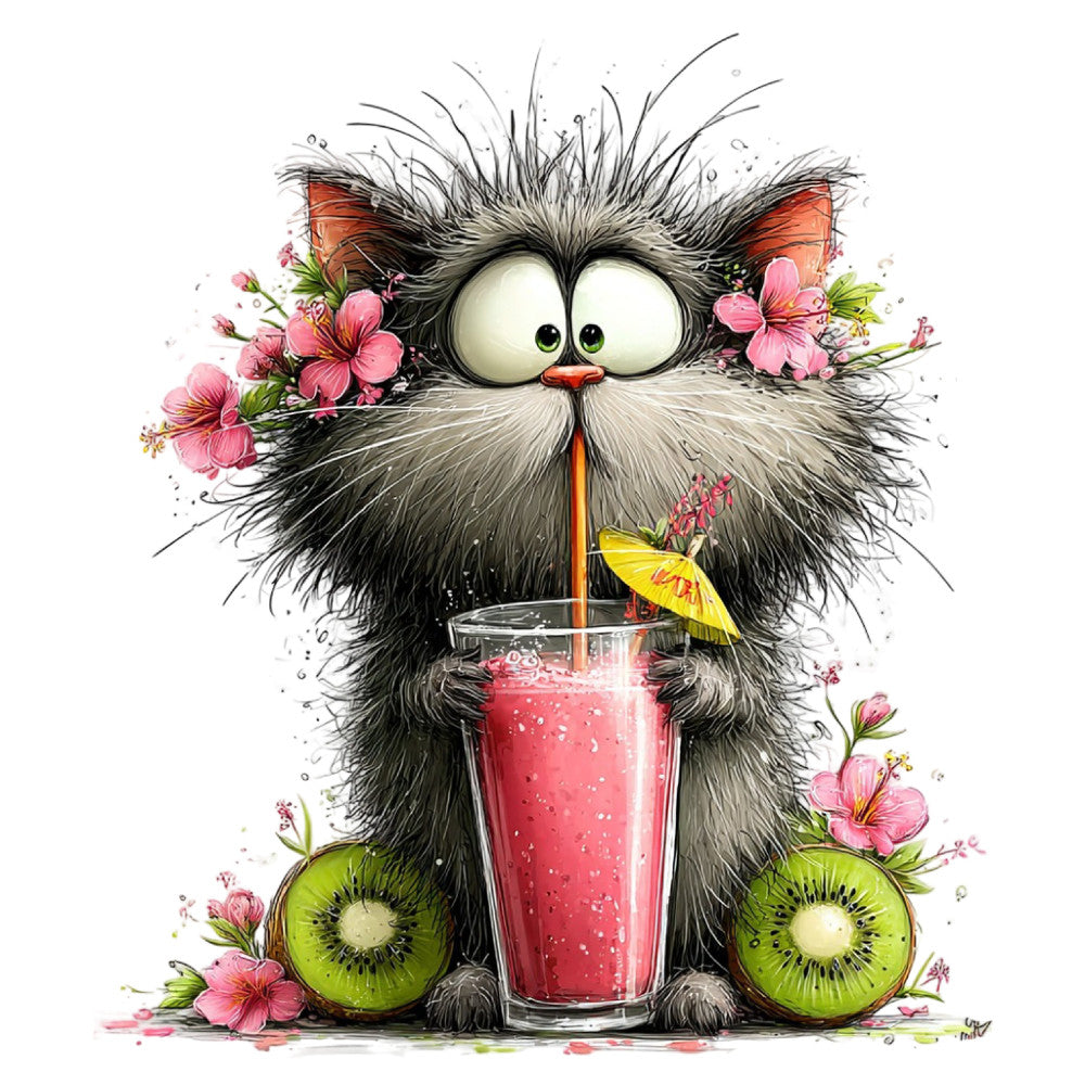 fluffy cat, whimsical animals, pink flowers, coral pink, black and white, spring florals, summer drink, kiwi fruit, tropical beverage, playful style, cute character, nature theme, garden flowers, colorful illustration, modern whimsical, animal lover, fruit motifs, botanical elements, cheerful design, children's theme, fun and quirky, artistic illustration, beverage theme, flower crown, butterfly accents, creative art, decorative panel, vibrant colors, dessert theme, folk art style