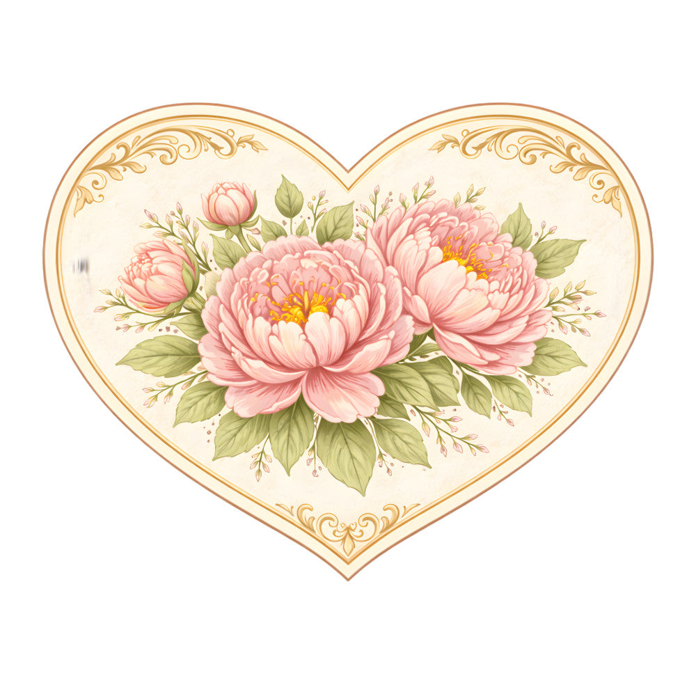 heart shape, pink peonies, blush pink, cream background, gold trim, ornate border, floral design, rose motif, botanical, vintage style, romantic, elegant, feminine, spring flowers, garden flowers, decorative scrollwork, greenery, coral pink, pale pink, traditional, classic, love theme, wedding, anniversary, nature inspired, cottage core, timeless, ornamental, delicate florals