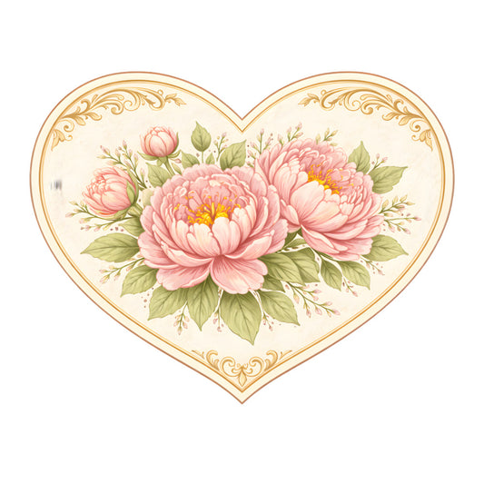 heart shape, pink peonies, blush pink, cream background, gold trim, ornate border, floral design, rose motif, botanical, vintage style, romantic, elegant, feminine, spring flowers, garden flowers, decorative scrollwork, greenery, coral pink, pale pink, traditional, classic, love theme, wedding, anniversary, nature inspired, cottage core, timeless, ornamental, delicate florals