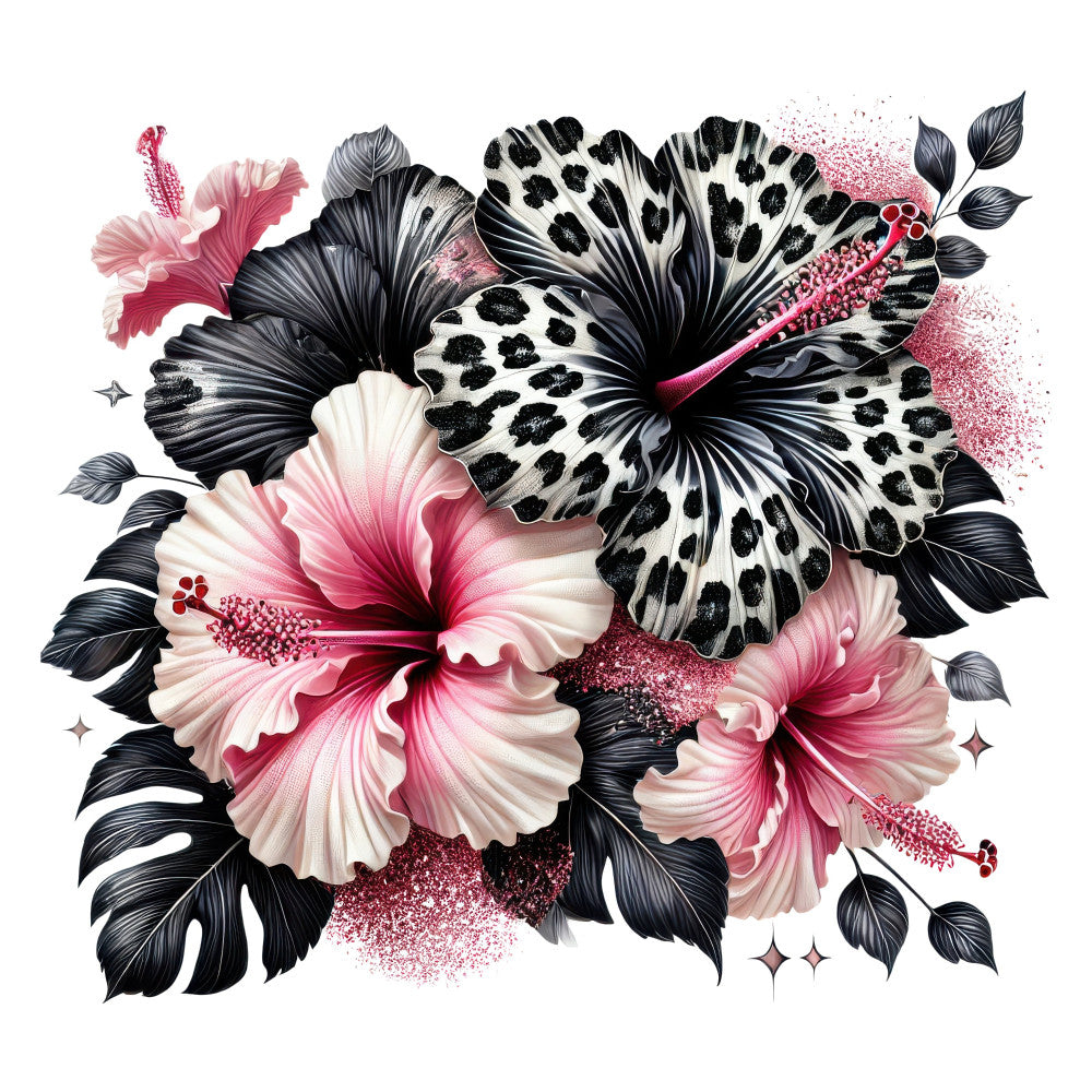 black and white floral, hot pink, dusty rose, cream, leopard print, hibiscus, butterfly, nature, tropical, elegant, whimsical, modern, botanical, sparkle, glitter effect, pink and black, white flowers, large scale floral, statement fabric, garden theme, summer, spring, bold pattern, dramatic design, artistic, decorative, feminine, sophisticated, nature inspired