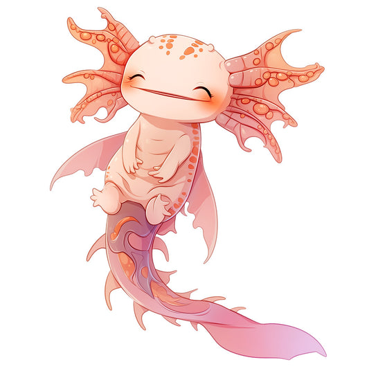 cartoon axolotl, pink salamander, coral colors, peach tones, aquatic creature, smiling character, cute animal, whimsical design, cheerful mood, fabric panel, quilting cotton, children's fabric, nursery theme, underwater motif, playful illustration, soft pastels, adorable amphibian, kawaii style, craft panel, sewing project