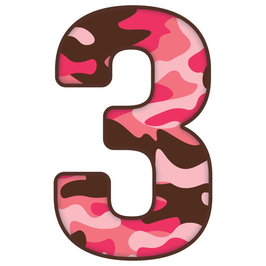 hot pink, deep pink, coral pink, light pink, chocolate brown, dark brown, camouflage, camo pattern, abstract, modern, playful, whimsical, bold, vibrant, number 3, numerals, typography, graphic design, contemporary, fun, colorful, children's, kids, youth, trendy, artistic, multi-color, mixed media, layered, playful design