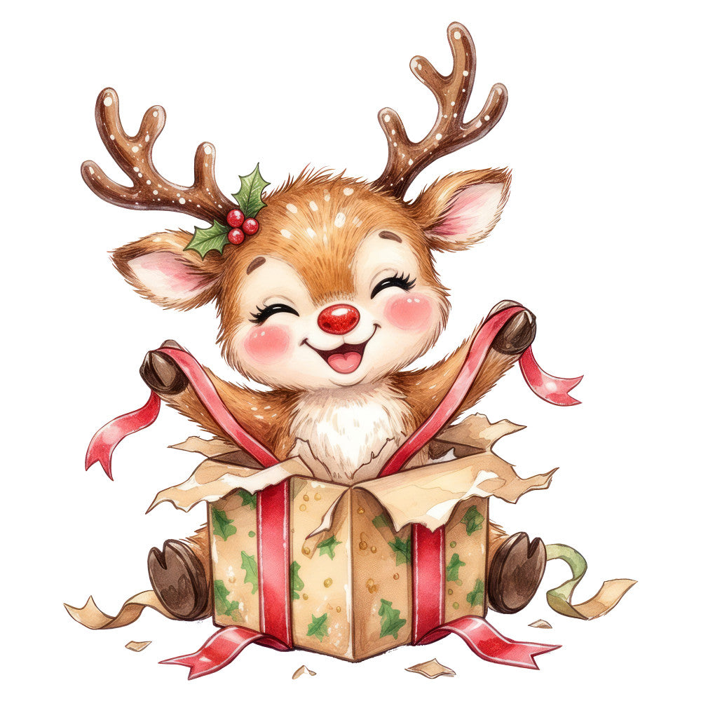 reindeer, christmas, holiday, festive, whimsical, cute animals, red nose, antler, ribbon, gift box, holly, berries, brown, red, cream, gold, tan, rustic, cheerful, jolly, seasonal, winter, decorative panel, nursery, children's, playful, vintage style, woodland, festive decor