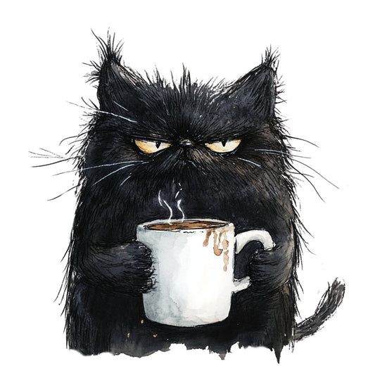 black cat, grumpy cat, coffee lover, cat with mug, moody cat, yellow eyes, black and white, cream colored, humorous, whimsical, cat lover, coffee themed, irritated expression, cute cat, animal motif, funny animals, coffee break, morning mood, sarcastic, contemporary, modern illustration, character design, pet themed, cat face, beverage design, relatable humor, cozy vibes, coffee addict, grouchy mood