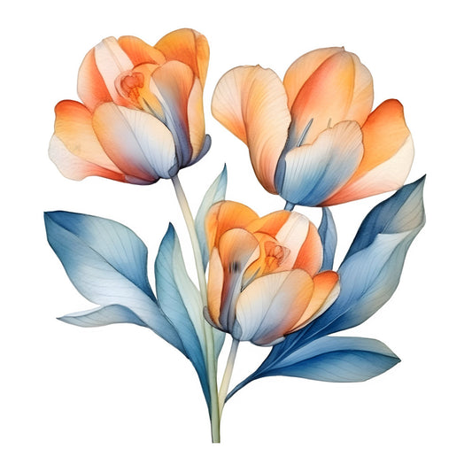 coral orange, peach, cream, ivory, soft blue, slate blue, navy blue, teal, watercolor, floral, tulips, botanical, nature, spring, summer, elegant, romantic, whimsical, painted flowers, gradient, ombre, delicate, garden, botanical illustration, soft colors, pastel, blossoms, flower panel, artistic, contemporary