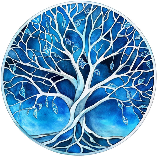 navy blue, deep blue, sky blue, white, tree of life, nature, botanical, branches, leaves, roots, circular design, mandala style, modern, elegant, whimsical, watercolor effect, ombre, gradient, winter, frost, frozen, ethereal, wall hanging, home decor, intricate detail, artistic, illustration style, peaceful, serene, zen