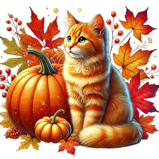 orange cat, autumn leaves, pumpkin, fall season, harvest theme, orange, red, golden yellow, cream, bronze, cat lover, animal print, nature themed, whimsical, woodland, seasonal decor, thanksgiving, halloween, maple leaves, berries, rustic style, cozy, warm tones, tabby cat, cute animals, decorative panel, wall hanging, home decor, autumn colors