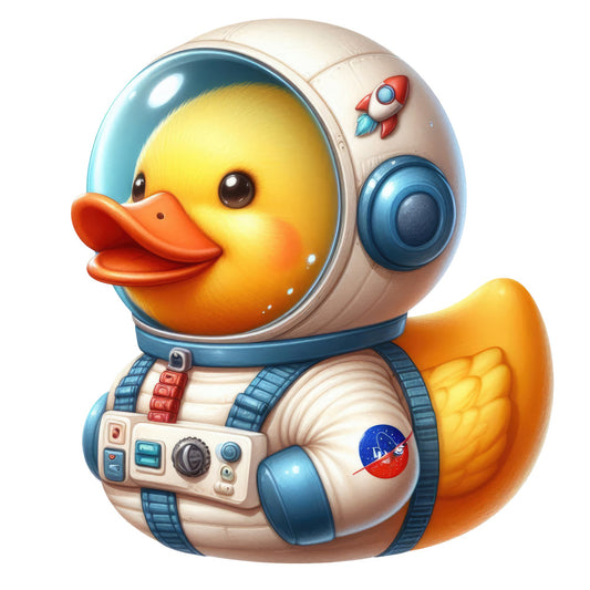 astronaut duck, space theme, yellow duck, orange beak, cream, blue, red, cosmic, whimsical, cute, novelty, children's, baby, playful, rocket ship, space suit, helmet, nasa patch, vintage space, retro futurism, animals, birds, fun, kid-friendly, modern whimsical, adventure theme, outer space, character print, adorable, nursery decor