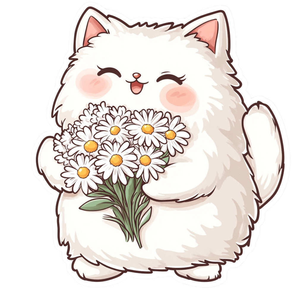 white cat, fluffy cat, cute cat, kawaii cat, daisy flowers, white daisies, yellow centers, floral, animal, cat with flowers, whimsical, playful, cheerful, spring, summer, gentle, soft pastels, cream white, pale pink, golden yellow, green stems, adorable, sweet, children's, baby, innocent, joyful, nature-inspired, botanical