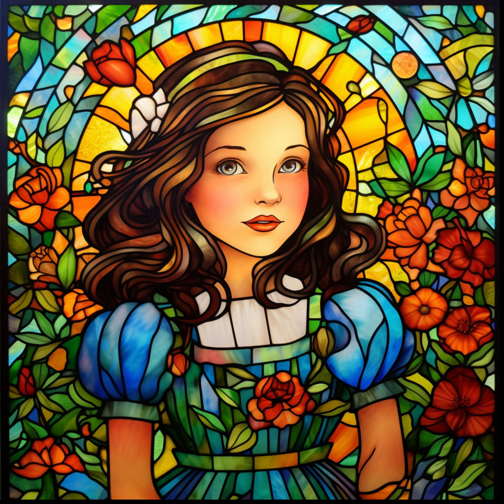 stained glass, dorothy, wizard of oz, brown hair, blue dress, orange flowers, red roses, green leaves, yellow sun rays, turquoise background, floral motif, portrait style, vibrant colors, fabric panel, quilting cotton, character design, fantasy theme, girl figure, flowing hair, decorative border