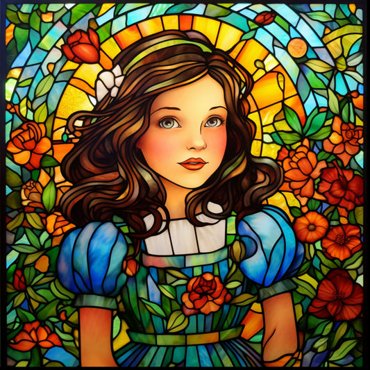 stained glass, dorothy, wizard of oz, brown hair, blue dress, orange flowers, red roses, green leaves, yellow sun rays, turquoise background, floral motif, portrait style, vibrant colors, fabric panel, quilting cotton, character design, fantasy theme, girl figure, flowing hair, decorative border