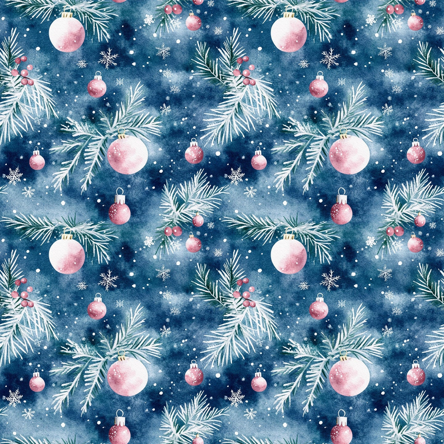 Watercolor Blue Christmas Pattern 7 Quilting Cotton Fabric