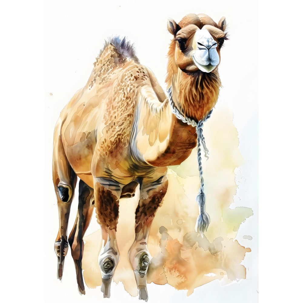 camel, tan, beige, cream, brown, watercolor, animal, wildlife, desert, farmhouse, rustic, whimsical, realistic, one-hump camel, dromedary, painted, artistic, nature-inspired, safari, exotic animals, travel themed, earthy tones, warm colors, illustration style, children's, storybook, adventurous, wall hanging, home decor, naturalistic