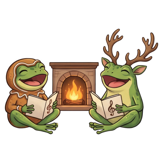 whimsical frogs, fireplace, singing frogs, holiday, winter, cozy, christmas, warm, green, brown, cream, tan, animals, cute, cheerful, happy, festive, caroling, sheet music, musical notes, woodland creatures, forest animals, playful, jolly, gingerbread, seasonal, gathering, home decor, winter scene