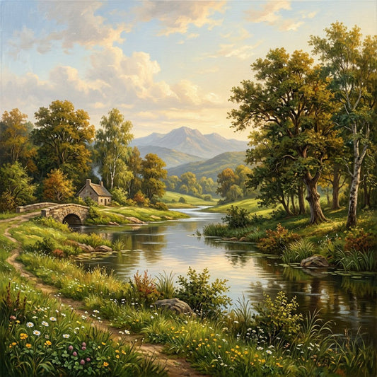 landscape, pastoral, countryside, nature scene, mountains, river, stream, water, trees, wildflowers, cottage, stone bridge, rolling hills, meadow, green, sage green, forest green, cream, sky blue, golden yellow, earthy tones, scenic, traditional, rustic, romantic, peaceful, tranquil, spring, summer, autumn
