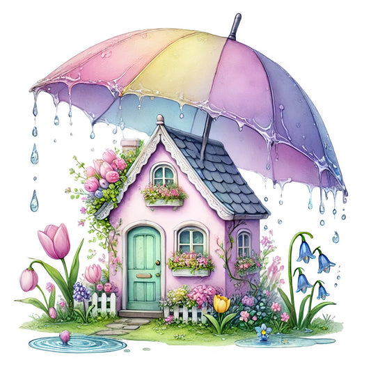 lavender, pastel pink, soft purple, pale yellow, mint green, raindrop, cottage core, whimsical, fairy tale, storybook, mushroom house, flowers, tulips, bluebells, roses, spring, rain, umbrella, garden, nature, magical, enchanted, dreamy, illustration, children's, baby quilt, wall hanging, vintage inspired, botanical, floral