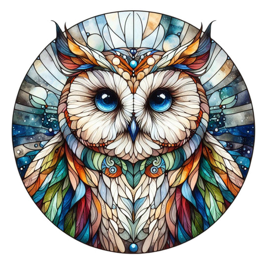stained glass, owl, blue eyes, circular panel, mandala design, feathers, multicolored, teal, orange, burgundy, white, geometric patterns, celestial, mystical, bohemian style, quilting panel, fabric art, nature motif, decorative feathers, radial design
