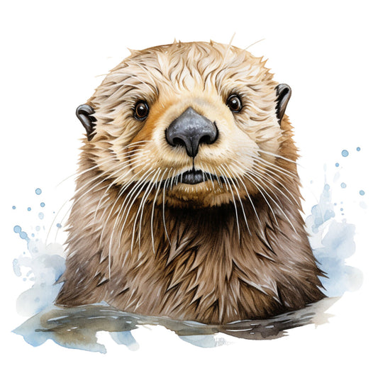 otter, sea otter, wildlife, animal portrait, watercolor, aquatic, brown, tan, cream, beige, gray, blue, whimsical, nature, realistic, cute, adorable, children's, nursery, baby, wall art, woodland, river life, water themed, illustration, contemporary, artistic, sweet expression, furry friends