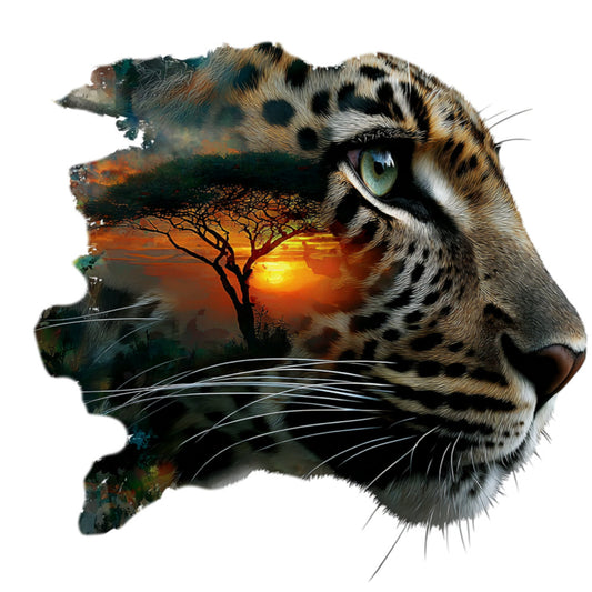 leopard, wildlife, big cats, safari, nature, sunset, savanna, acacia tree, double exposure, animal portrait, gold, orange, amber, cream, black, forest green, teal, eye-catching, exotic, majestic, elegant, artistic, modern, wall art, home decor, nature lovers, adventure theme, wildlife enthusiast, dramatic, striking