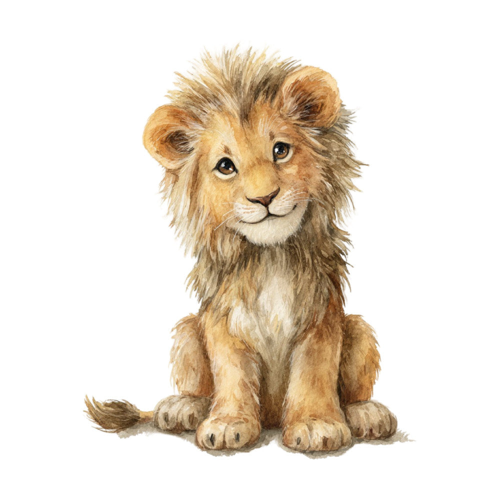 lion cub, baby animal, wildlife, safari, tan, beige, cream, golden brown, taupe, watercolor, children's, nursery, whimsical, cute, adorable, portrait, sitting lion, young animal, nature, illustration, painted, soft, gentle, baby quilt, wall hanging, gender neutral, playroom, kids bedding, storybook, animal lover