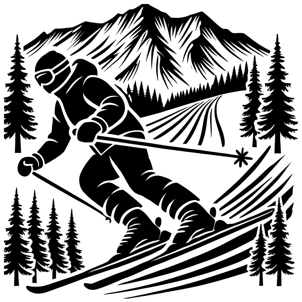 black and white, monochrome, skier, skiing, winter sports, snow, mountains, alpine, pine trees, evergreen trees, forest, snowy peaks, action sports, outdoor recreation, winter landscape, scenic, adventure, sports themed, masculine, modern, geometric, silhouette, high contrast, winter season, mountain scene, ski resort, athletic, dynamic action, nature themed, rustic