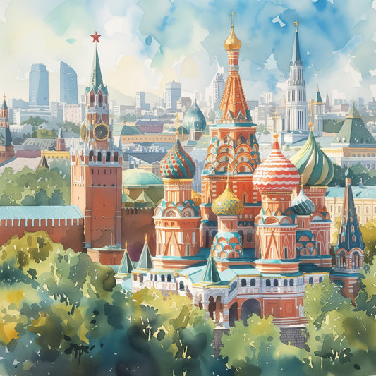 moscow, russian architecture, kremlin, cathedral, onion domes, cityscape, travel, landmark, cultural, illustrated, watercolor, blue sky, gold accents, red brick, white, cream, sage green, olive green, coral orange, soft pastels, whimsical, elegant, detailed, scenic, architectural, heritage, decorative, wanderlust, panel fabric