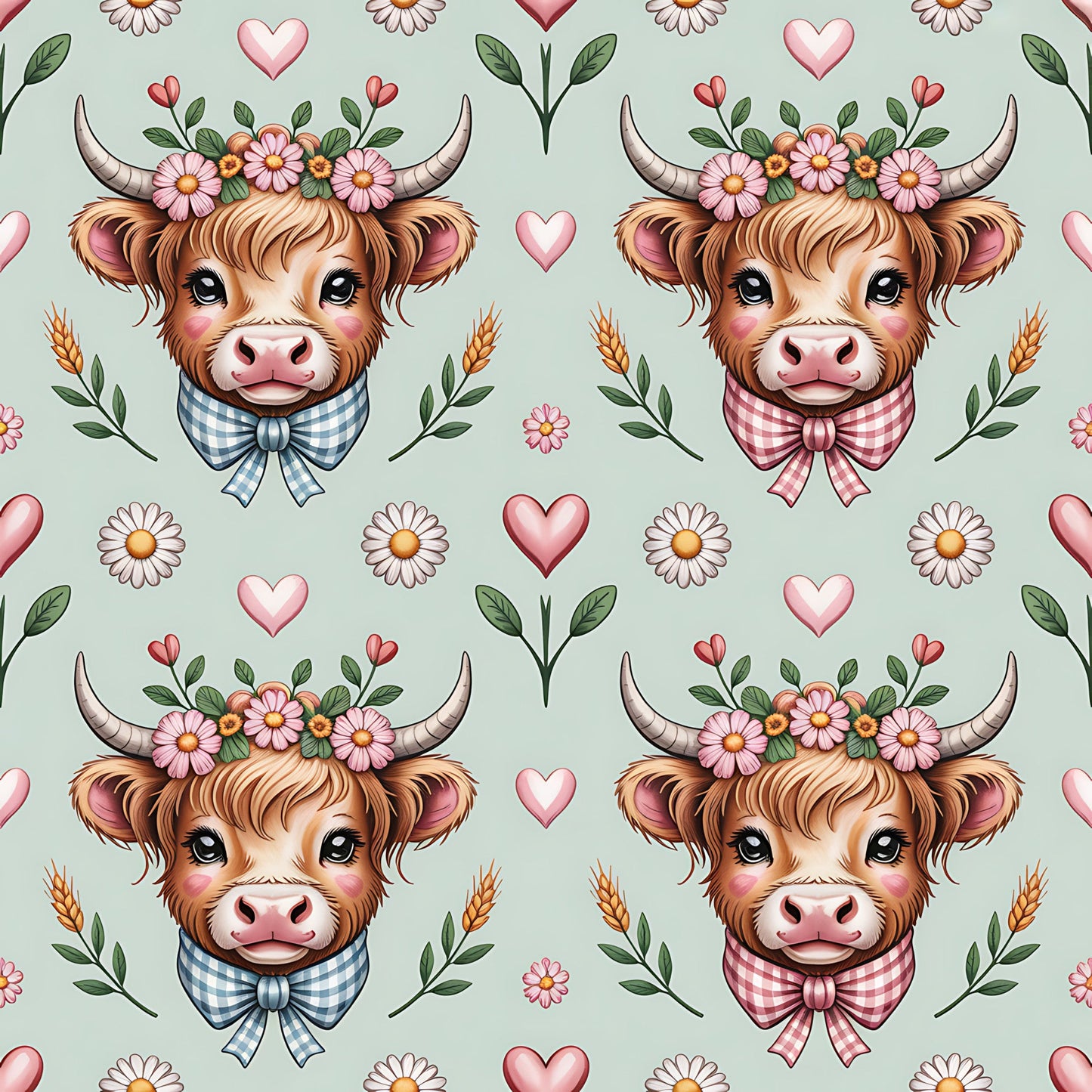 Highland Cow Heads Pattern 2 Quilting Cotton Fabric