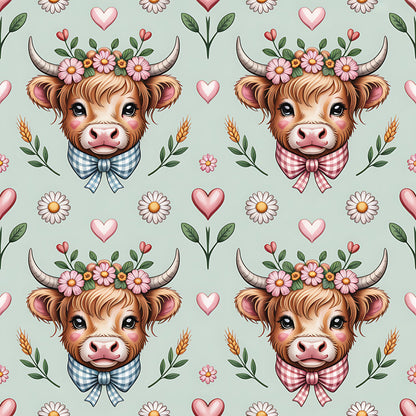 Highland Cow Heads Pattern 2 Quilting Cotton Fabric