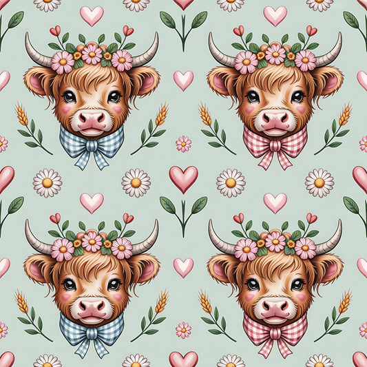 Highland Cow Heads Pattern 2 Quilting Cotton Fabric