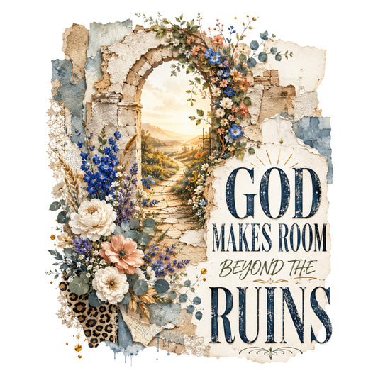 inspirational quote, floral, arch gateway, ruins, botanical, cream, navy blue, coral pink, dusty rose, blue flowers, white flowers, vintage aesthetic, romantic, elegant, rustic, bohemian, nature, landscape, spiritual, faith-based, serenity, peaceful, garden, wildflowers, distressed texture, watercolor effect, wall hanging, home decor, motivational, timeless